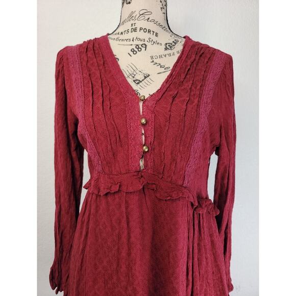 Coco Jaimeson Babydoll Mini Dress Sz Medium V Neck Long Sleeves Cottage Burgundy - Picture 3 of 10